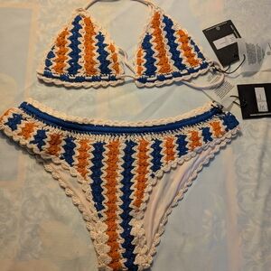 Crochet Bikini Set in Blue, Orange, and White